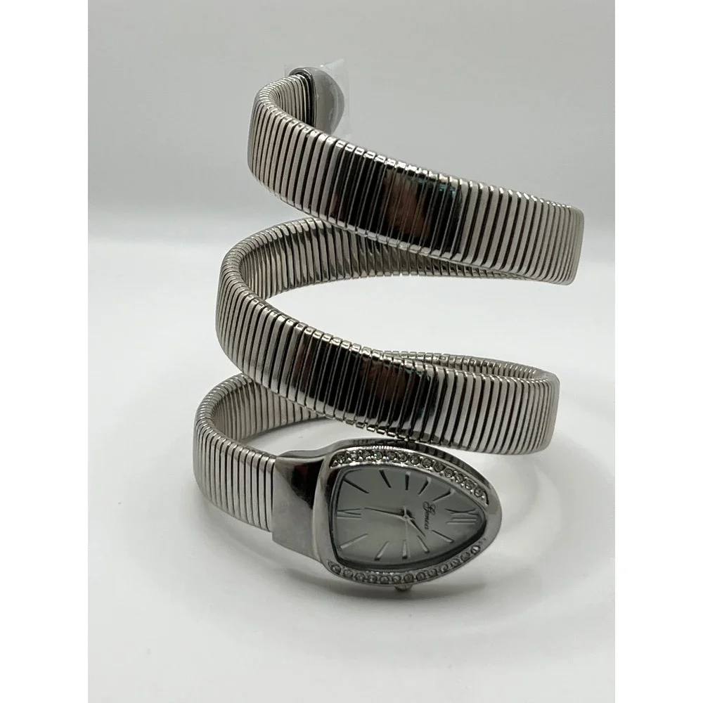 Silver‎ Tone Snake Coil Wrap Around Genoa Watch Rhinestone Bezel Elegant